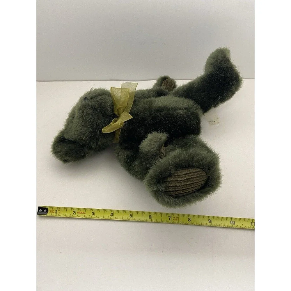 First and Main Green Teddy Bear with Bow Corduroy Feet Sitting 8 Inch EUC